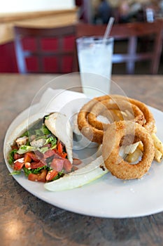 Chicken Pita Wrap and Onion Rings