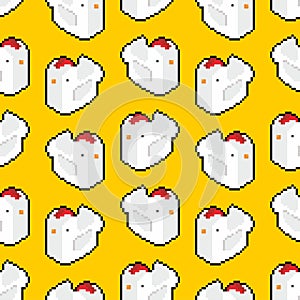 Chicken pixel art pattern seamless. 8 bit Chicken farm birds background. pixelated ornament. Baby fabric texture