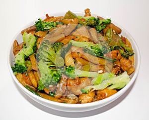 Chicken, potatoes and broccoli in a white bowl! photo