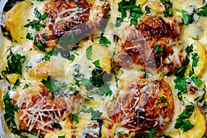 Chicken and potatoes with garlic parmesan cream sauce .top veiw