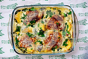 Chicken and potatoes with garlic parmesan cream sauce .top veiw