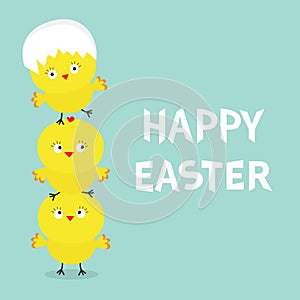 Chicken pyramid family set. Egg shell on head. Happy Easter. Cute cartoon funny character. Three baby chick bird friends. Greeting