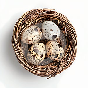 Chicken and quail eggs in a basket isolated on white background. Top view