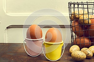 Chicken and quail eggs photo
