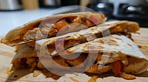 chicken quesadilla close-up on kitchen table