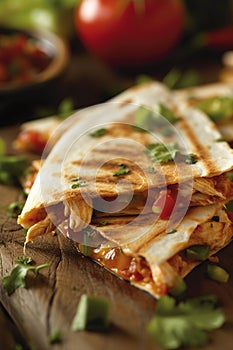 chicken quesadilla close-up on kitchen table