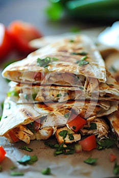 chicken quesadilla close-up on kitchen table