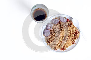 Chicken rice and coke or pepsi cool drink  isolated on a white background. Top view photo