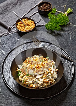 Chicken Rice Casserole in black bowl, top view