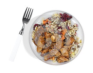 Chicken with rice TV dinner on small plate with fork