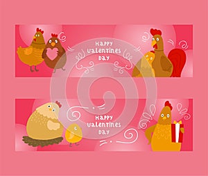 Chicken and rooster with chicks set of banners vector illustration. Happy Valentines day greeting. Giving presents or