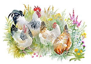 Chicken and rooster in the grass on white background.