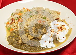 Chicken saag meal with veg pulao