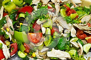 Chicken salad with fresh bright colored vegetables