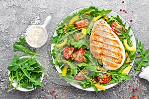 Chicken salad. Meat salad with fresh tomato, sweet pepper, arugula and grilled chicken breast. Chicken fillet with fresh vegetable