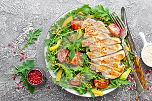 Chicken salad. Meat salad with fresh tomato, sweet pepper, arugula and grilled chicken breast. Chicken fillet with fresh vegetable