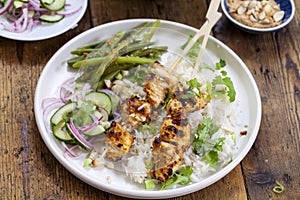 Chicken satay and cucumber salad, rice and green beans