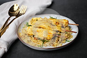 chicken satay on curry balsamic rice. Asian or Indian food