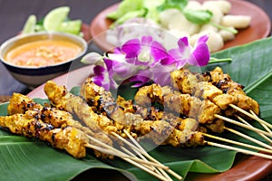 Chicken satay with peanut sauce, indonesian skewer cuisine