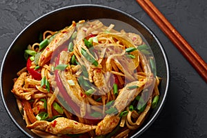 Chicken Schezwan Noodles or Hakka or Chow Mein in black bowl at dark background. Schezwan Noodles is indo-chinese cuisine hot dish