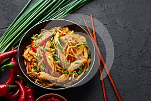 Chicken Schezwan Noodles or Hakka or Chow Mein in black bowl at dark background. Schezwan Noodles is indo-chinese cuisine hot dish