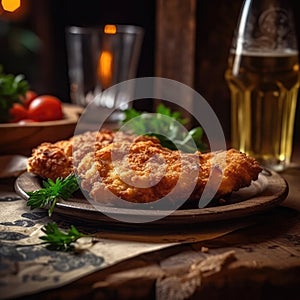 Chicken Schnitzel On Stone In Rustic Pub. Generative AI