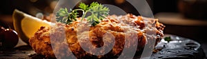 Chicken Schnitzel On Stone Rustic Pub Wide Panoramic. Generative AI