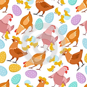Chicken seamless pattern. Happy easter chick hen rooster and eggs. Kids vector wallpaper