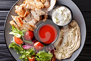Chicken shawarma with hummus, vegetables and sauce serving on a plate close-up. horizontal top view photo