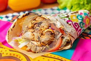 chicken shawarma readytoeat on a colorful paper wrap photo