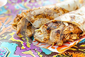 chicken shawarma readytoeat on a colorful paper wrap photo