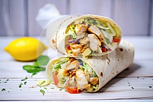 chicken shawarma wrap cut in half, showing the filling