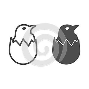 Chicken in shell line and solid icon, Farm birds concept, little chick in cracked egg sign on white background, newborn