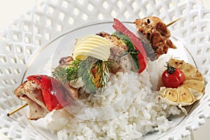 Chicken shish kebab and rice