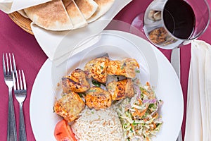 Chicken shish kebab with rice pilaf