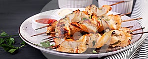 Chicken shish kebab. Shashlik - grilled meat and fresh vegetablesChicken shish kebab. Shashlik - grilled meat