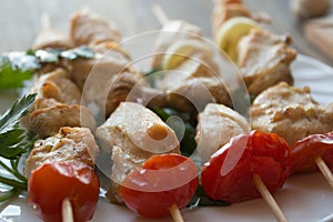 chicken shish kebab with tomato and mushroom barbecue