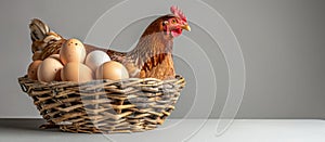 Chicken Sitting in Basket of Eggs