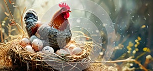 Chicken sitting in nest with eggs. Eggs on the farm, organic. Concept for respectful farming