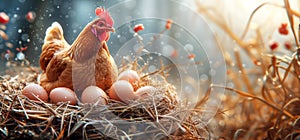 Chicken sitting in nest with eggs. Eggs on the farm, organic. Concept for respectful farming