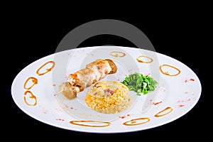 Chicken skewer: Chicken fillet, bell pepper, mushrooms, spicy couscous with vegetables and dried tomatoes with parsley