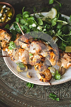 Chicken Skewers with green Salad and Sauce. Summer Food