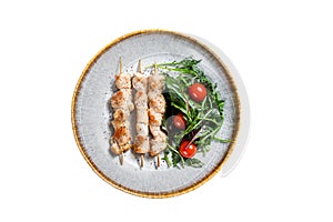 Chicken skewers souvlaki, grilled meat shish kebab skewers. Isolated on white background.