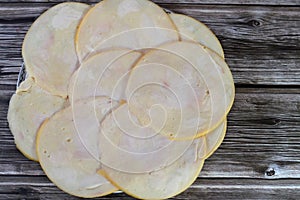 Chicken slices Lunch meats, cold cuts, luncheon cooked sliced cold delicatessens deli chicken meats, precooked or cured meats that photo