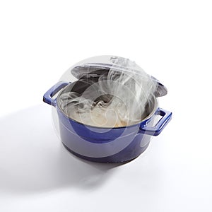 Chicken Soup in a Blue Pan Isolated Side View