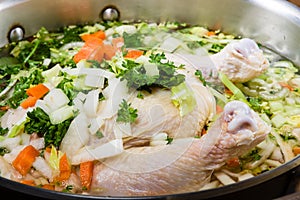 Chicken soup ingredients in cook pot