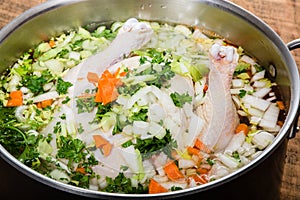 Chicken soup ingredients in cook pot