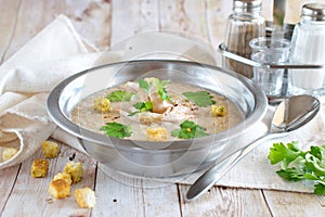 Chicken soup puree with mushrooms and cream. Healthy eating concept.