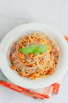 Chicken Spaghetti in a Bowl Directly Above Photo