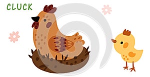 Chicken speak with cluck sound. Farm animal talking